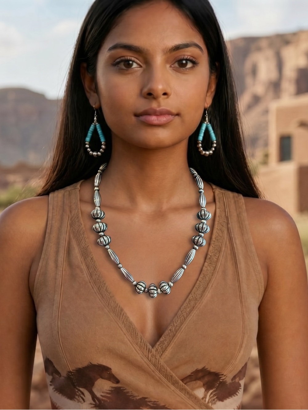 Vintage Southwestern Urban Cowgirl Faux Navajo Inspired Pearls Style Necklace